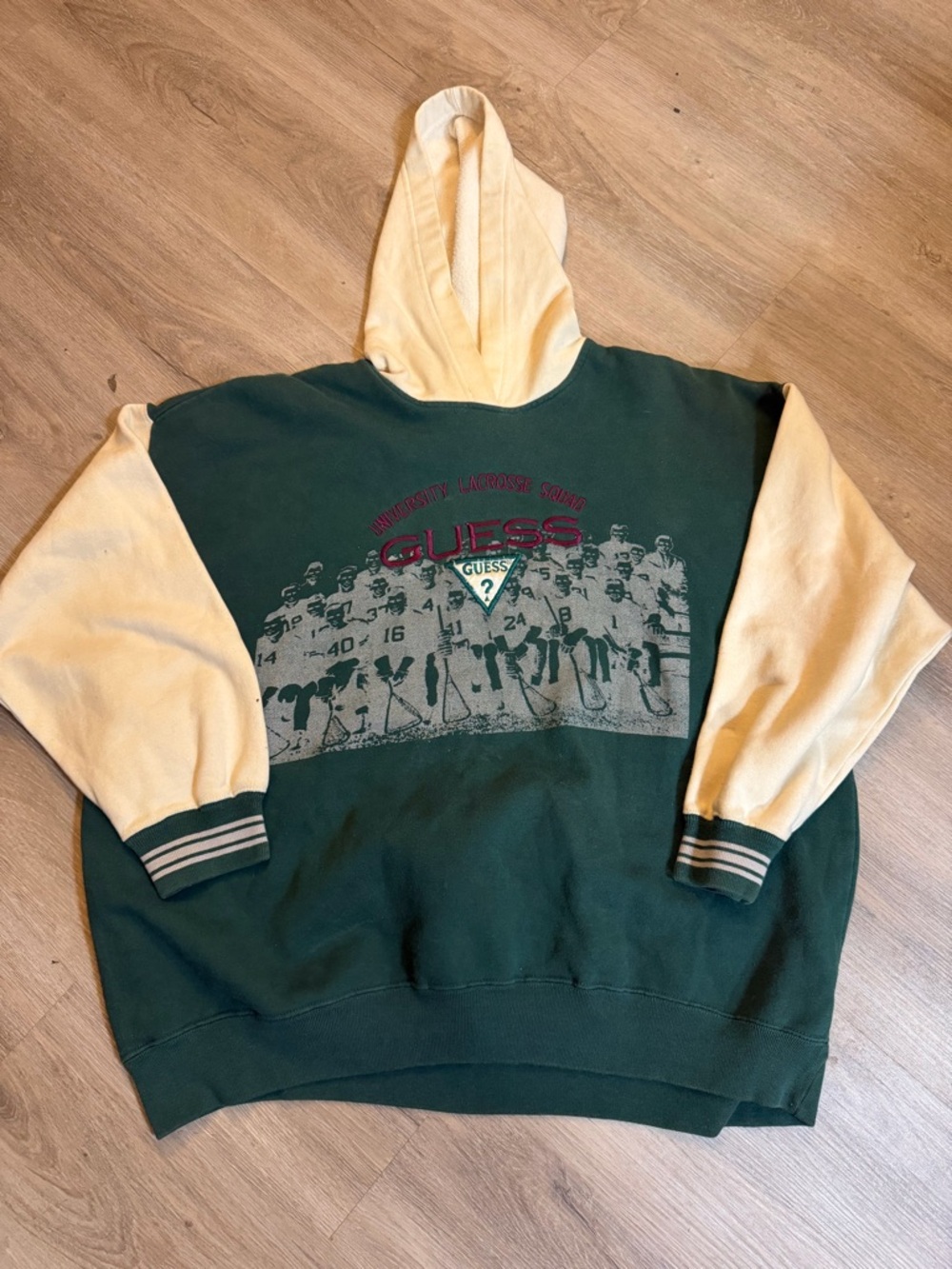 Vintage Guess Hoodie Large Colorblock Varsity Lacrosse Distressed